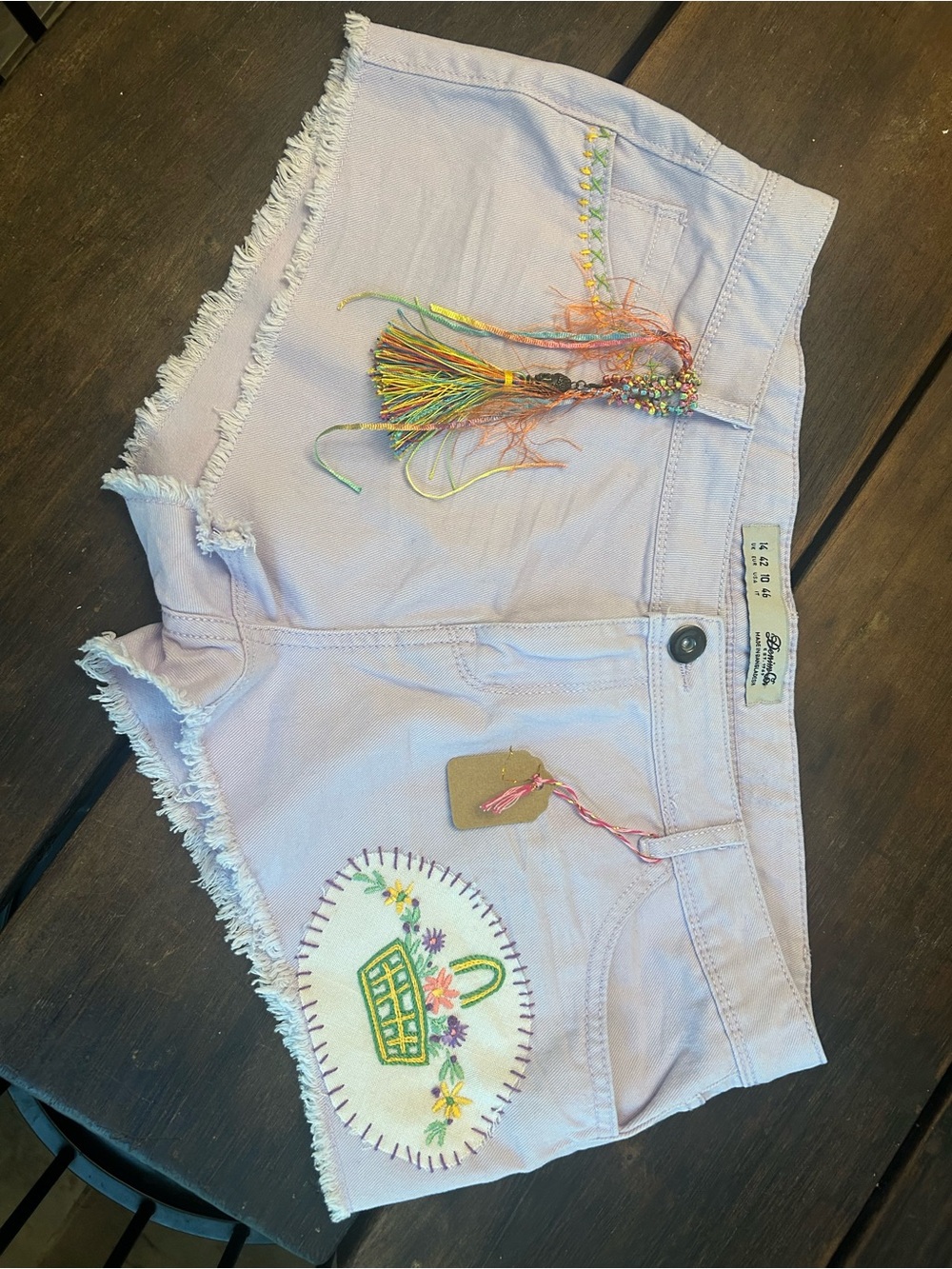 Upcycled Vintage Embroidered Lavender Fringe Lace Women's Shorts
